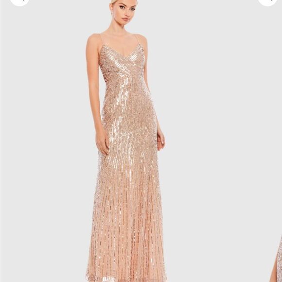 Mac Duggal 10817 Sequin Spaghetti Strap Gold Formal Gown | Size 2 - Picture 1 of 12